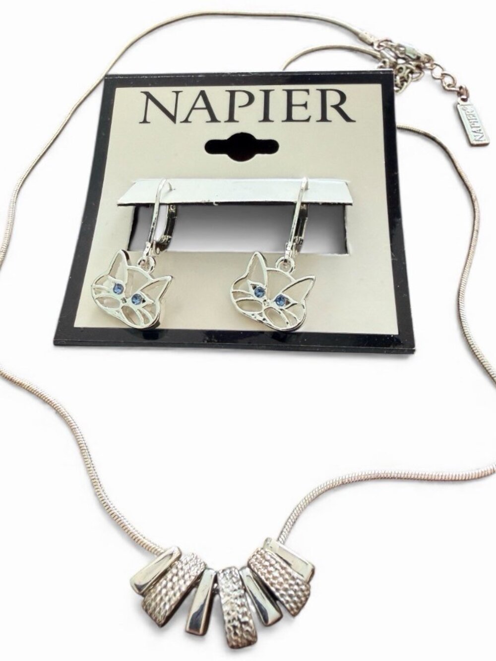 Napier Silver Tone Necklace 17” & Cats Earring 1” Set